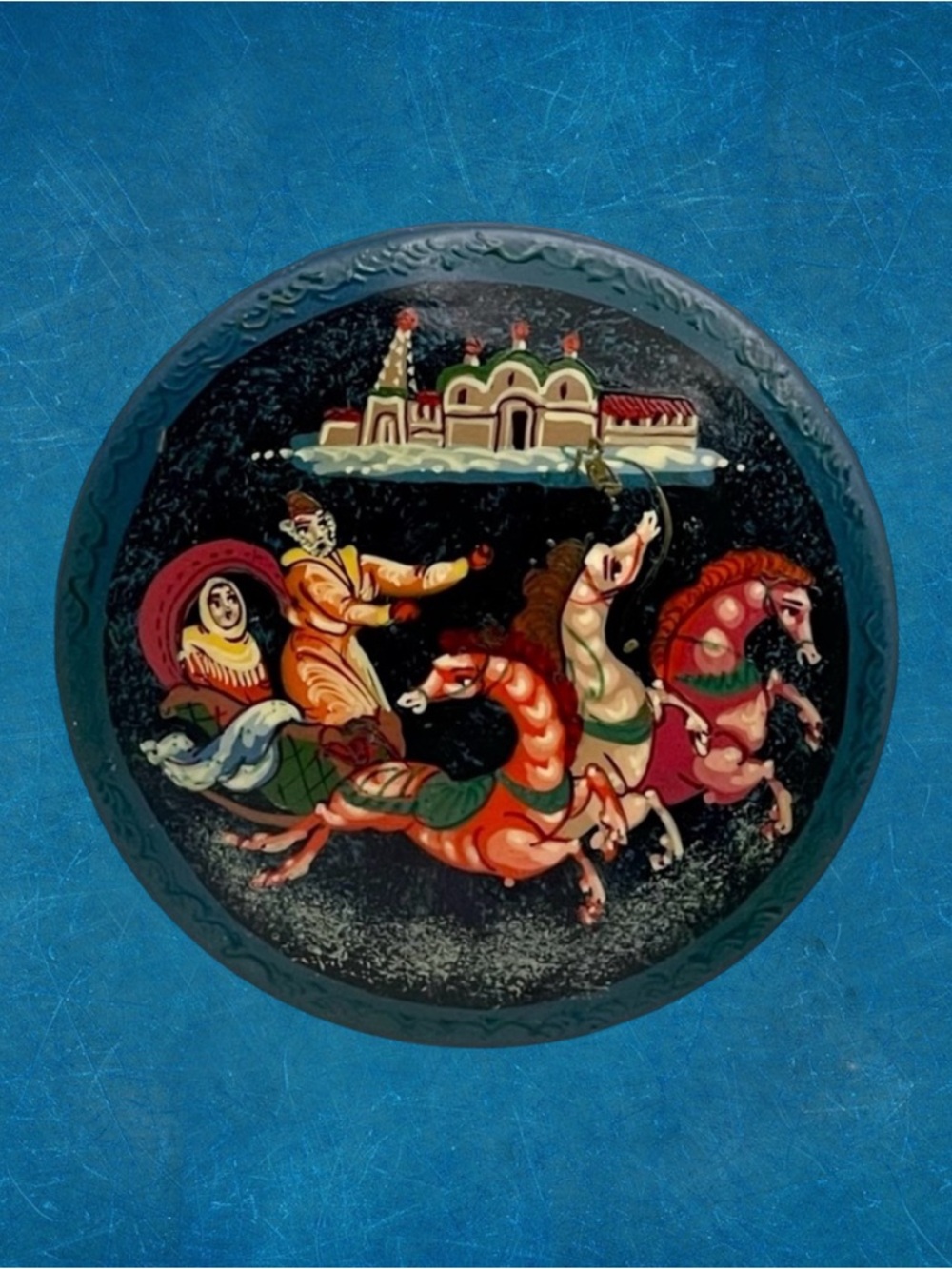 Beautiful Vintage Hand Painted Russian Laqquer Brooch With Troika Scene